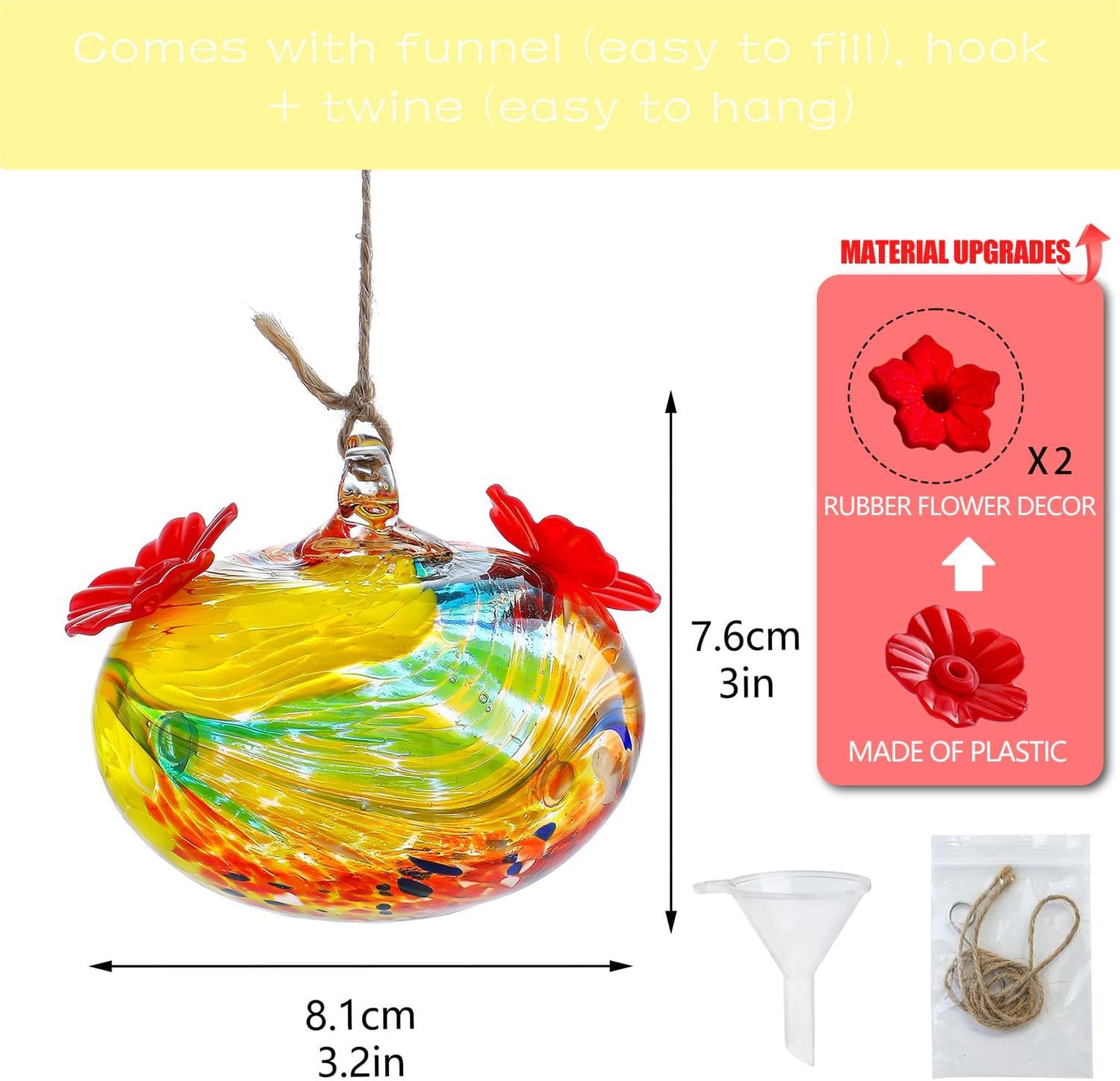 Hand Blown Glass Hummingbird Feeders for Outdoors with 2 Feeding Ports Leak Proof Small Glass Humming Bird Feeder for Window Garden Patio Decoration