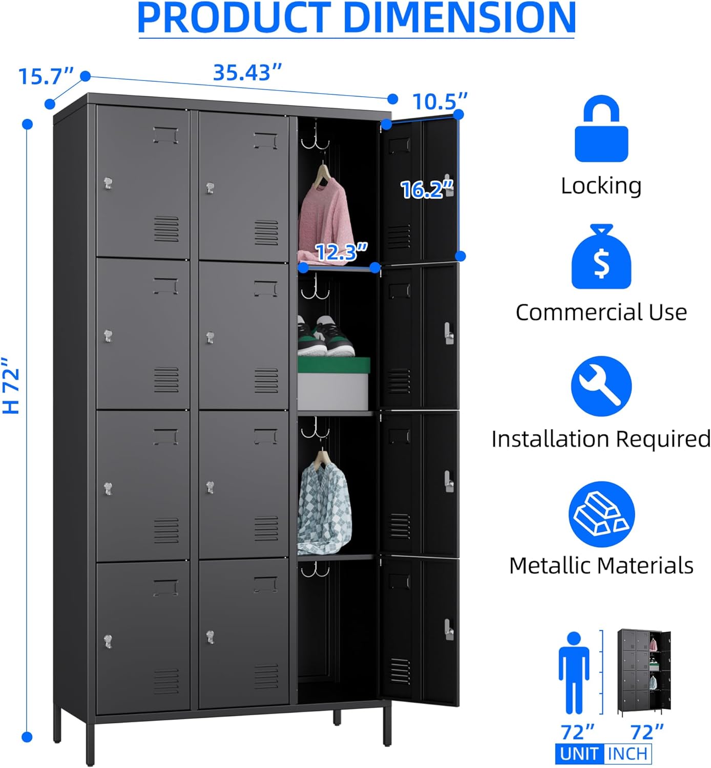 12 Doors Employee Lockers,72" H Metal Storage Lockers for Employees with 12 Hooks for Offices School Gyms Home,Assembly Required,Black