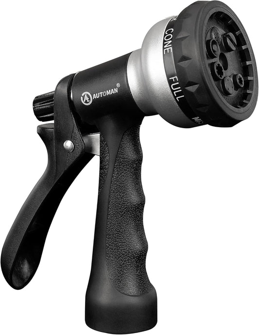 AUTOMAN-Garden-Hose-Nozzle, ABS Water Spray Nozzle, 7 Adjustable Watering Patterns, Slip Resistant for Watering Plants, Lawn& Garden, Washing Cars, Cleaning, Showering Pets & Outdoor Fun.Silver Color