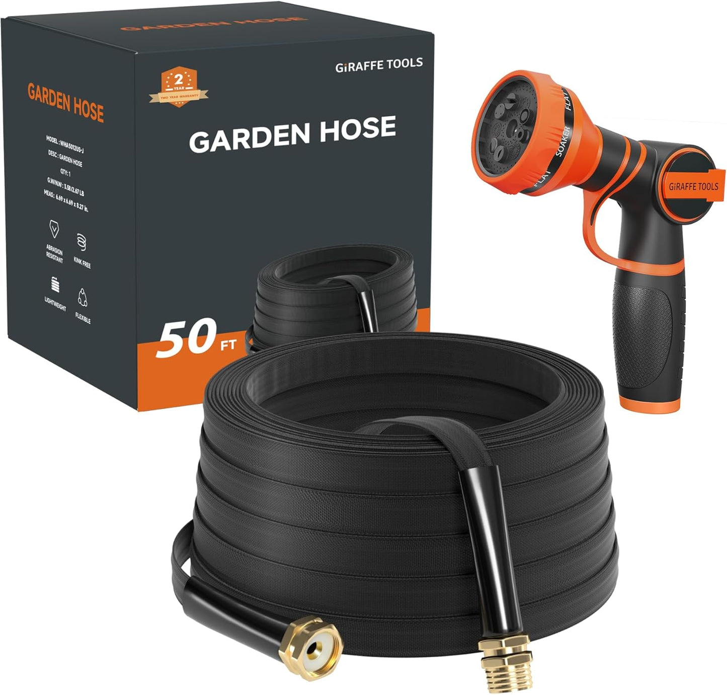 Giraffe Tools Garden Hose 50FT Lightweight Lay Flat Water Hose Kink Free Flexible Hose with 9 Spray Function Nozzle, Black