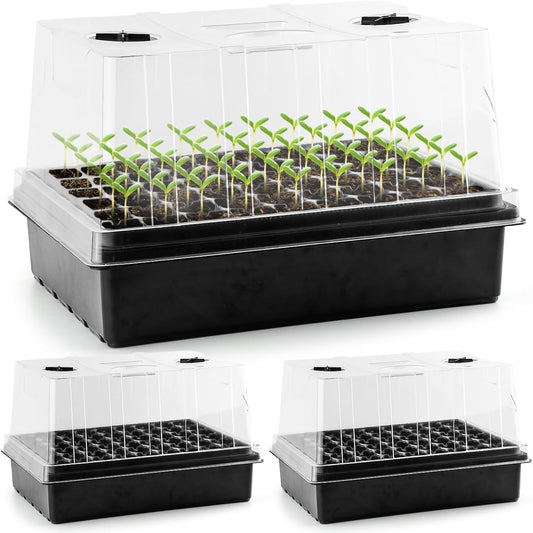 Heavy Duty Seed Starter Trays with 5'' Tall Humidity Domes & 2.75'' Deep Cells – 3-Pack (162 Cells Total) Reusable Plant Germination Kit, Durable Plastic Seedling Trays for Herbs, Vegetables