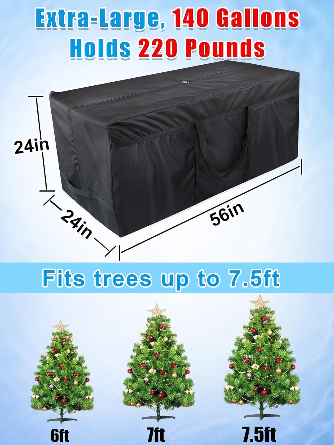 140 Gallon Extra Large Storage Bag for Aboveground Pools - Heavy-duty Pool Cover Storage with 4 Carrying Handles, Outdoor Patio Cushion Bag, 56''x24''x24''