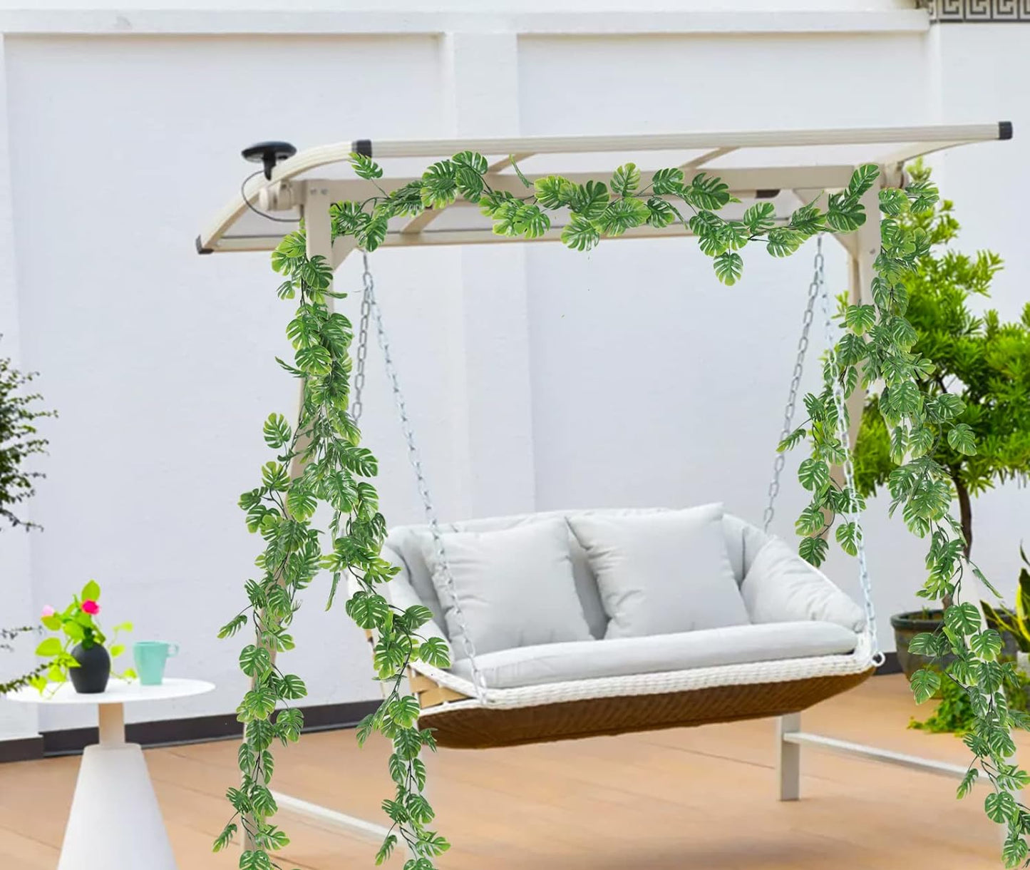 RECUTMS Artificial Palm Leaves Vines 3Pcs, 5.9FT Outdoor Fake Hanging Plant Ivy Faux Tropical Monstera Leaf Garland Greenery for Garden Porch Patio Jungle Luau Beach Birthday Party Indoor Summer Décor