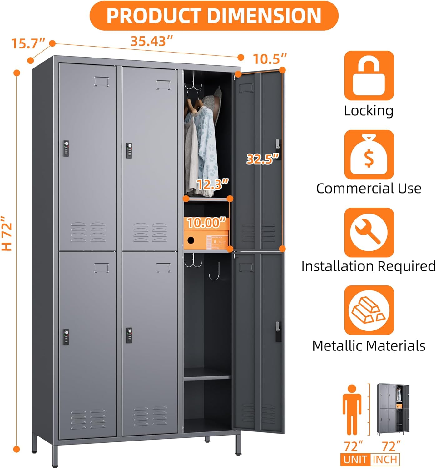 6 Doors Metal Storage Lockers for Employees with Combination Lock and Hooks,72" H Employee Lockers with Business Card Holder for Offices School Gyms Home,Assembly Required,Dark Gray