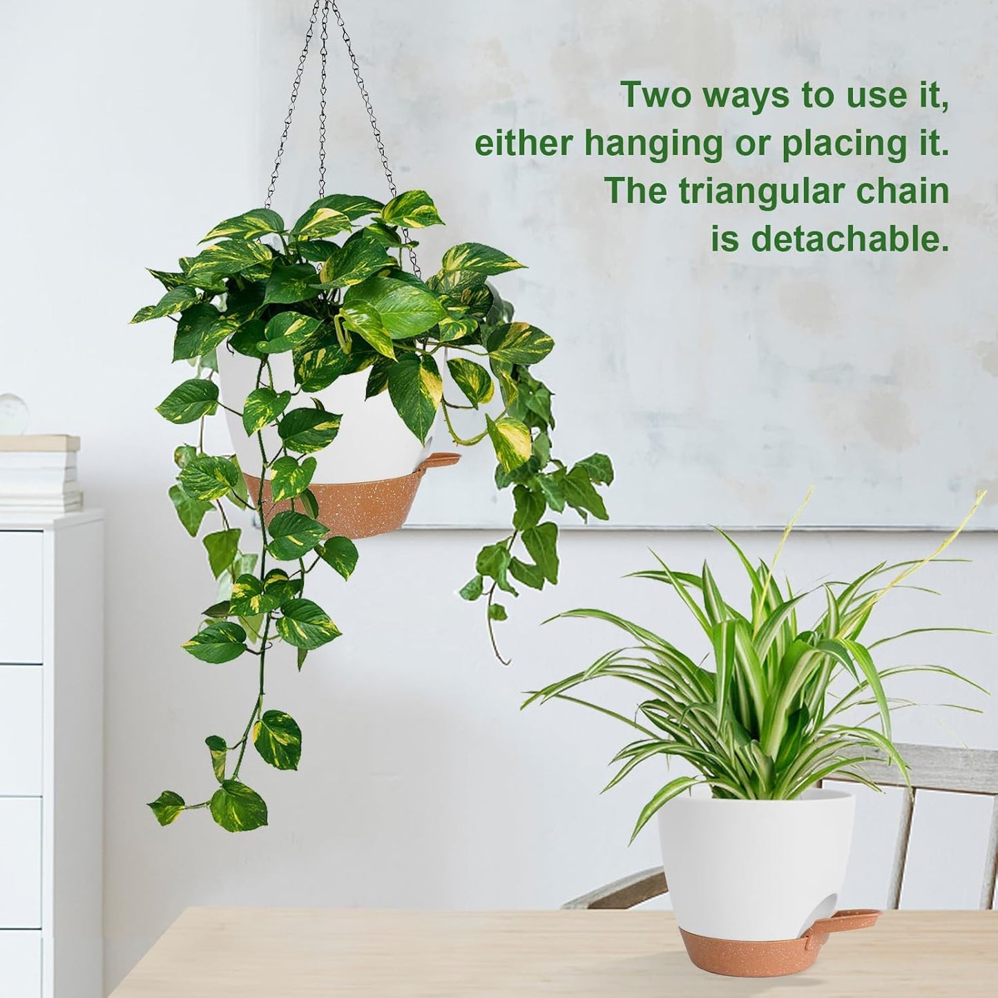 10/9/8 Inch Hanging Planter for Indoor Outdoor Plants, 3 Pack Self-Watering Hanging Pot with Drainage Holes Hanging Planter Baskets Plant Pots with Removable Tray (White+Brown)