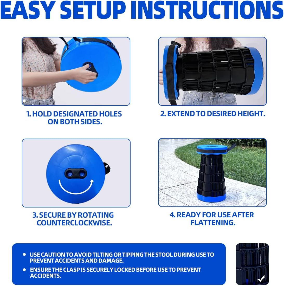 Portable Collapsible Stool - 4 Pillars Large Weight Capacity Travel-Friendly Folding Stool, Easy to Use Lightweight Telescoping Seat for Outdoor Activities, Camping & Hiking (Blue)