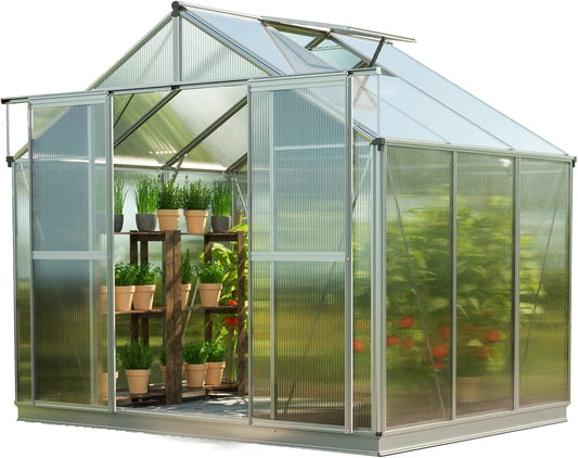 Greenhouse Topas 3 Aluminum Frame 7.4 x 6.4 ft Approx. 6 mm Polycarbonate Panels - with Bonus Base Frame and Automatic Vent Opener