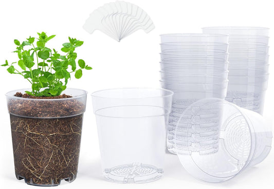 homenote Clear Nursery Pots for Plants,6.7 Inch Plant Pot for Planting Plastic Seedling with Drainage Holes Seed Starter Flower High Transparency with 20 Labels (15 Pack)