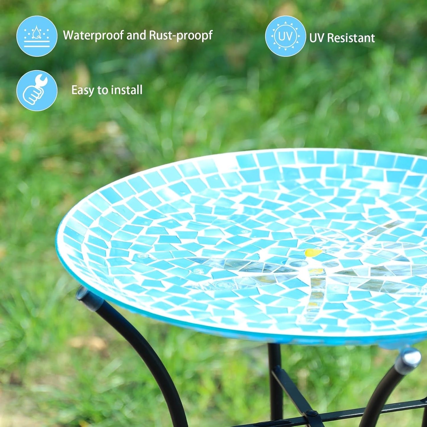 MUMTOP Mosaic Glass Bird Baths, 14 Inch Width Outdoor Garden Dragonfly Bird Bath Bowl with Metal Stand, Unique Glass Birdbaths Bird Feeder for Yard Decor, 19.68 Inch Height