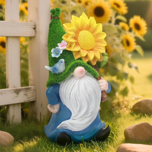 Solar Gnome with Glowing Sunflower Light,Weatherproof Resin Garden Figurine Decor Auto On/Off - Fairytale Statue Gift for Patio,Yard & Gifts