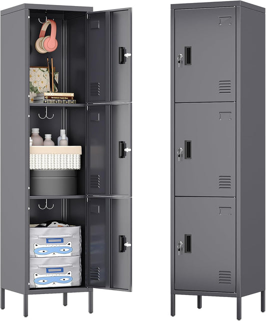 66" H*15.75" D*15.75" W Steel Storage Cabinet,3 Doors Metal Storage Locker for Employees,Employee Lockers with Lock,Hooks and Card Slot for School Gym Home Office, Assembly Required,Dark Grey,240 LBS
