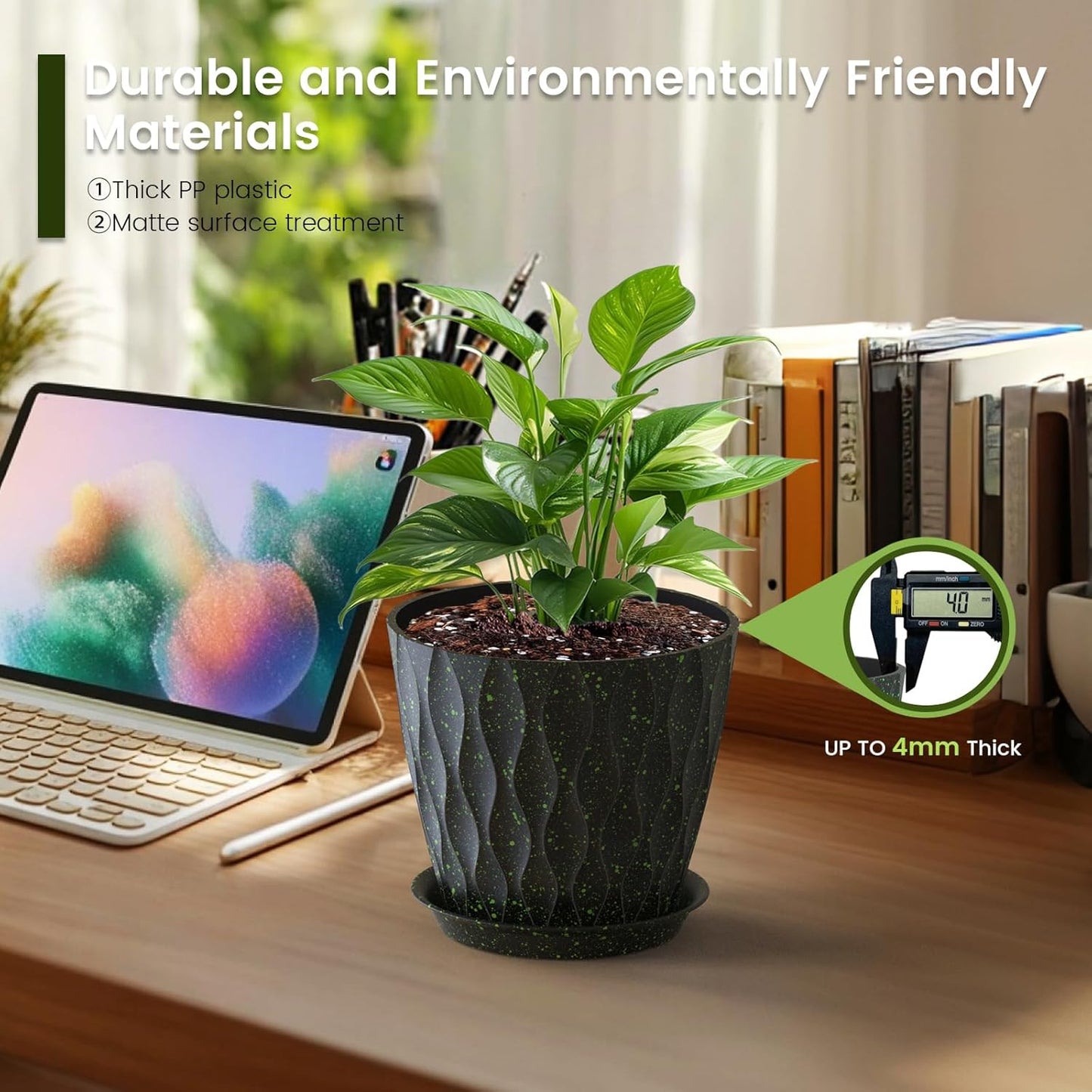 7 inch Plant Pots for Indoor Outdoor Plants, 5 Pack Thick Flower Pots with Drainage Holes and Saucers, 3D Modern Wave Texture Plastic Planter Nursery Pots, Black with Green Speckles