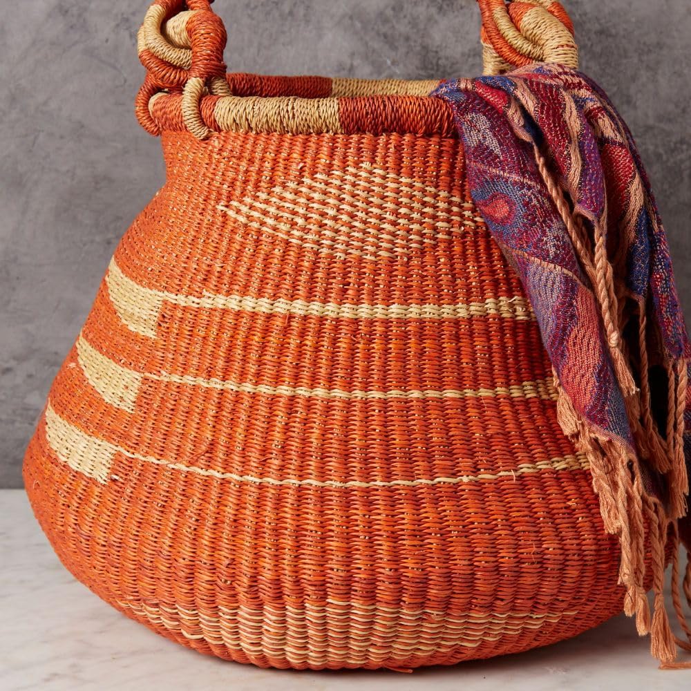 Home & Kitchen Decor, Wicker Basket, Picnic Basket, Living Room Basket, Organizing, Harvesting, Foraging, Fruit Storage, Hand Woven, Pot Shape, 16" Wide, Boho - Orange