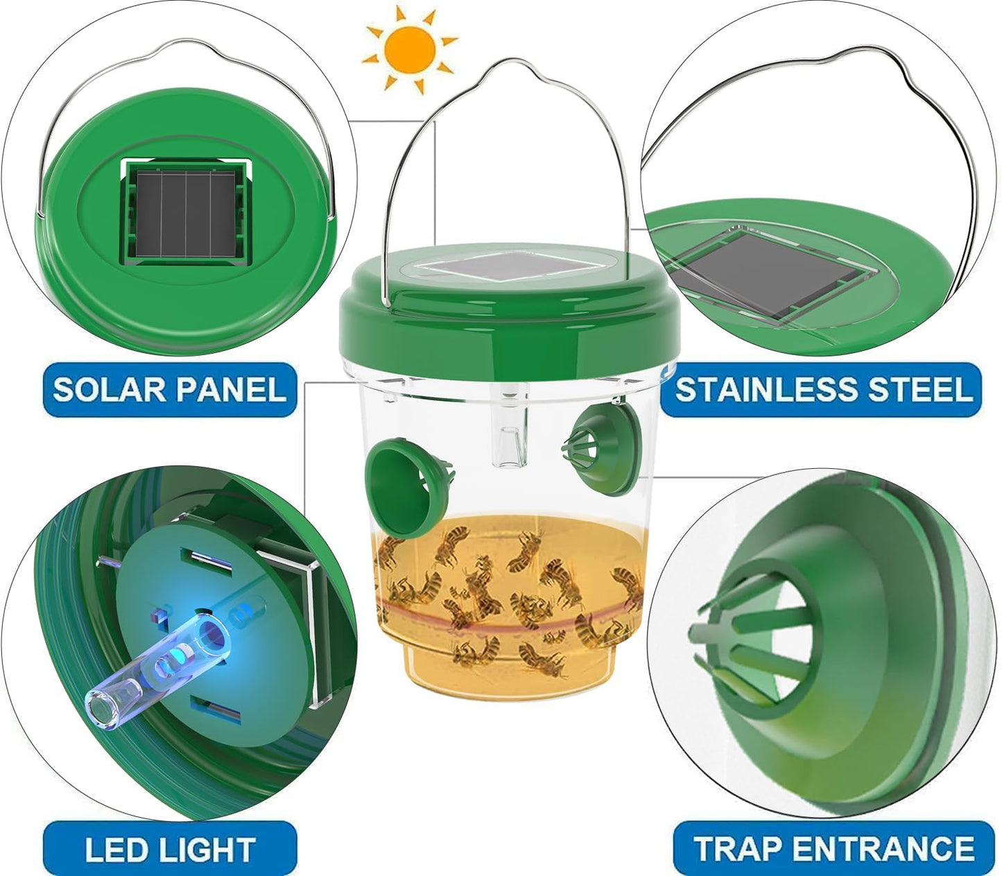 Wasp Traps for Hunting Wasps, Bees, Hornets, Insects, Yellow Jacket Traps, Wasp Trap Catcher, Reusable Solar Powered Hanging for Outdoor, 4 Packs