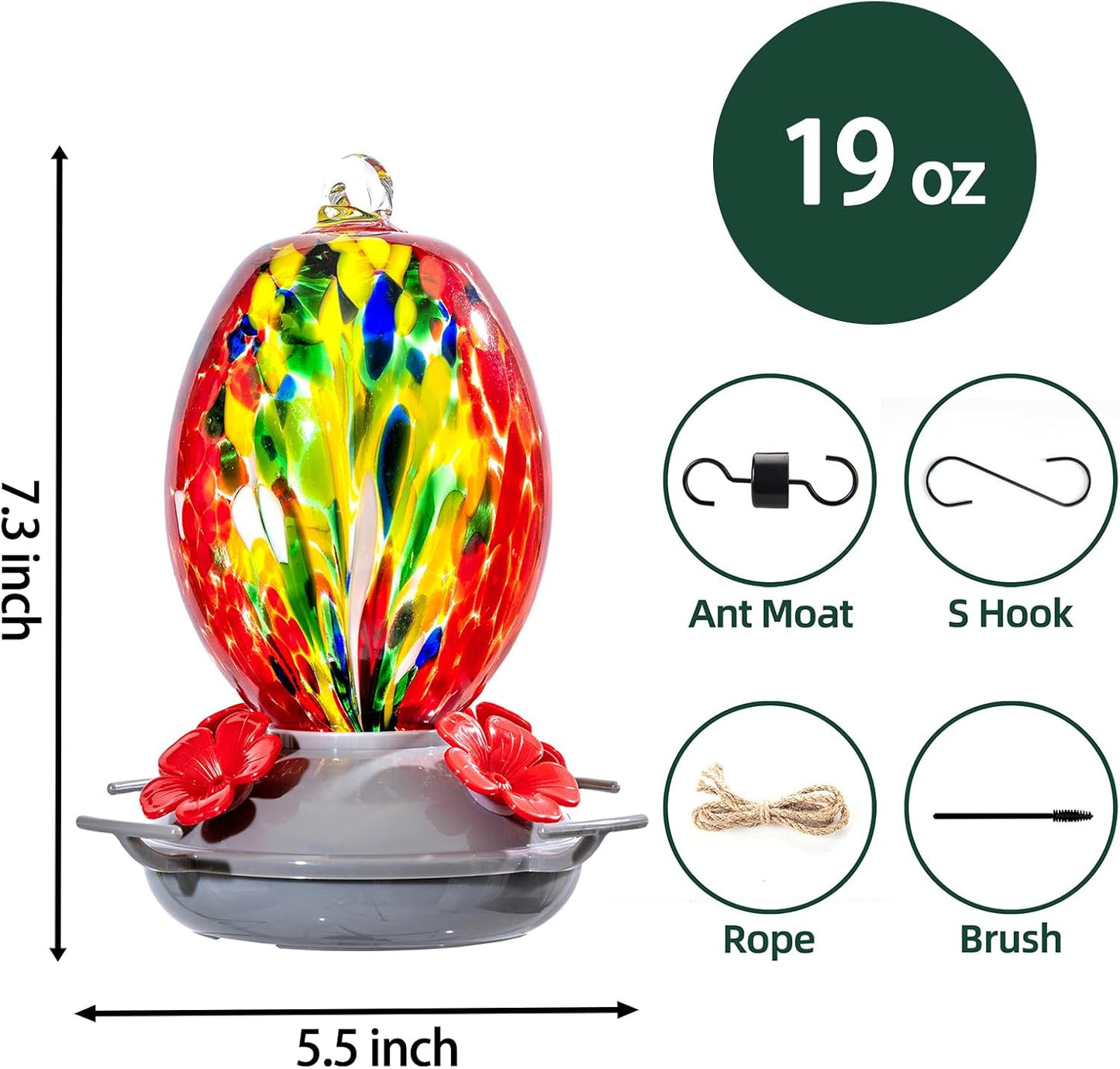 Muse Garden Hand Blown Glass Hummingbird Feeder - 19OZ Plastic Base Humming Bird Feeders for Outdoors Hanging, Garden Decor Gifts for Bird Lovers, Red Phoenix