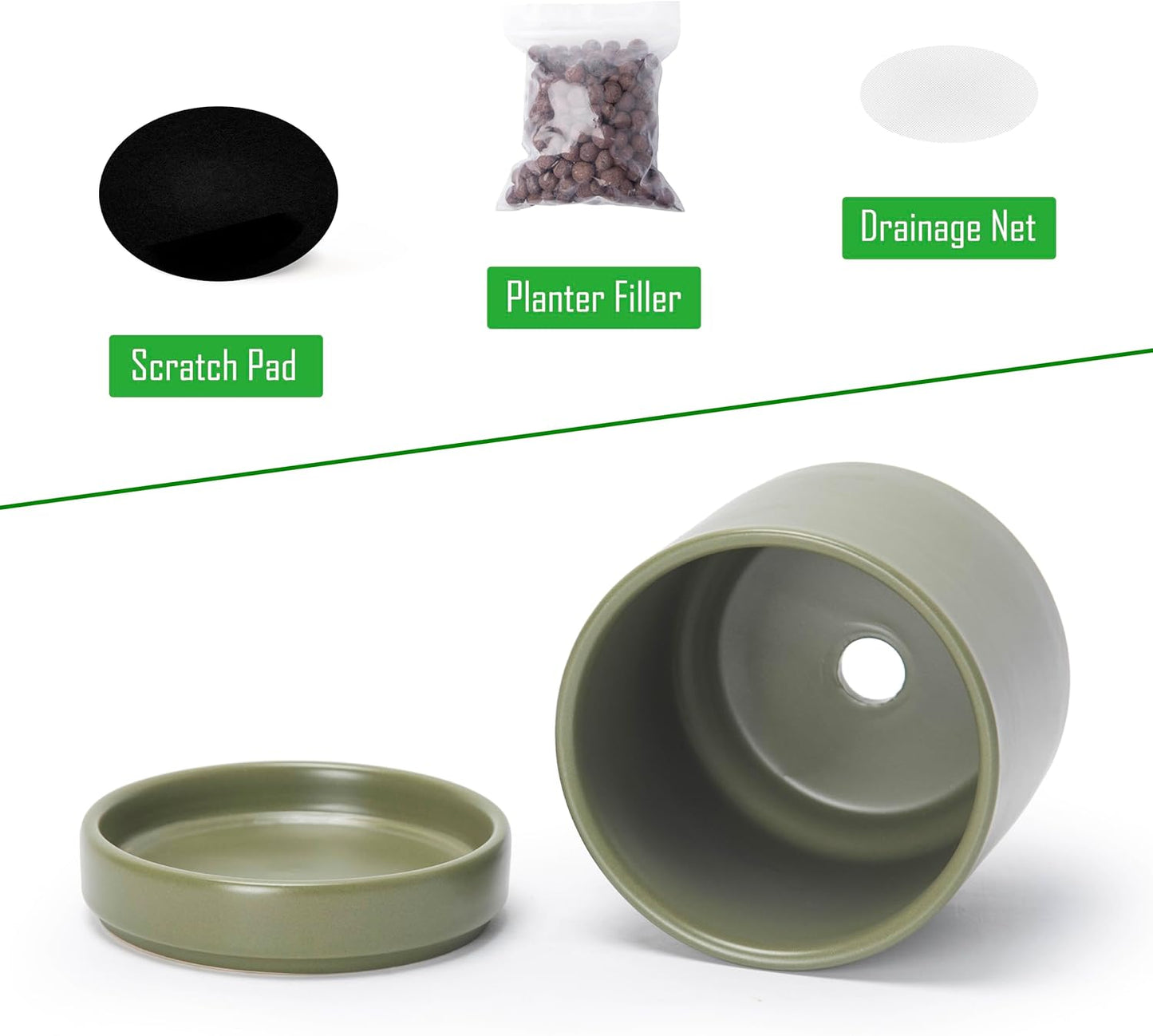 D'vine Dev 4.7 Inch Ceramic Planter Pot with Drainage Hole and Saucer, Indoor Cylinder Round Planter Pot, Olive, 94-O-B-J