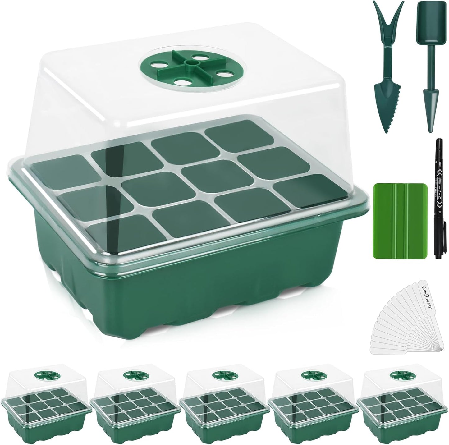 Artcome 5-Pack Seed Starter Tray, 12 Cells Each with Push-Up Ejector - Seed Starter Kit for Rapid Growth and Healthy Seedlings at Home - 60 Cells in Total