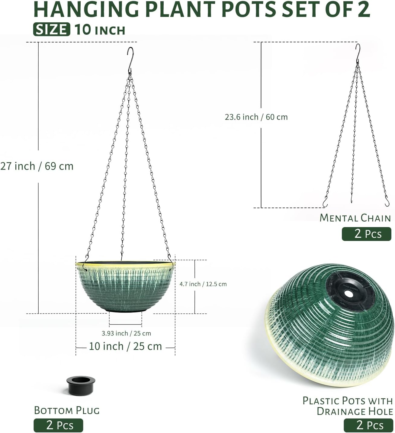 10in Hanging Planters for Indoor and Outdoor Plants, 2 Pack Hanging Planter with Drainage Hole, Round Hanging Flower Pots for Garden Home Decor (Green Glaze)
