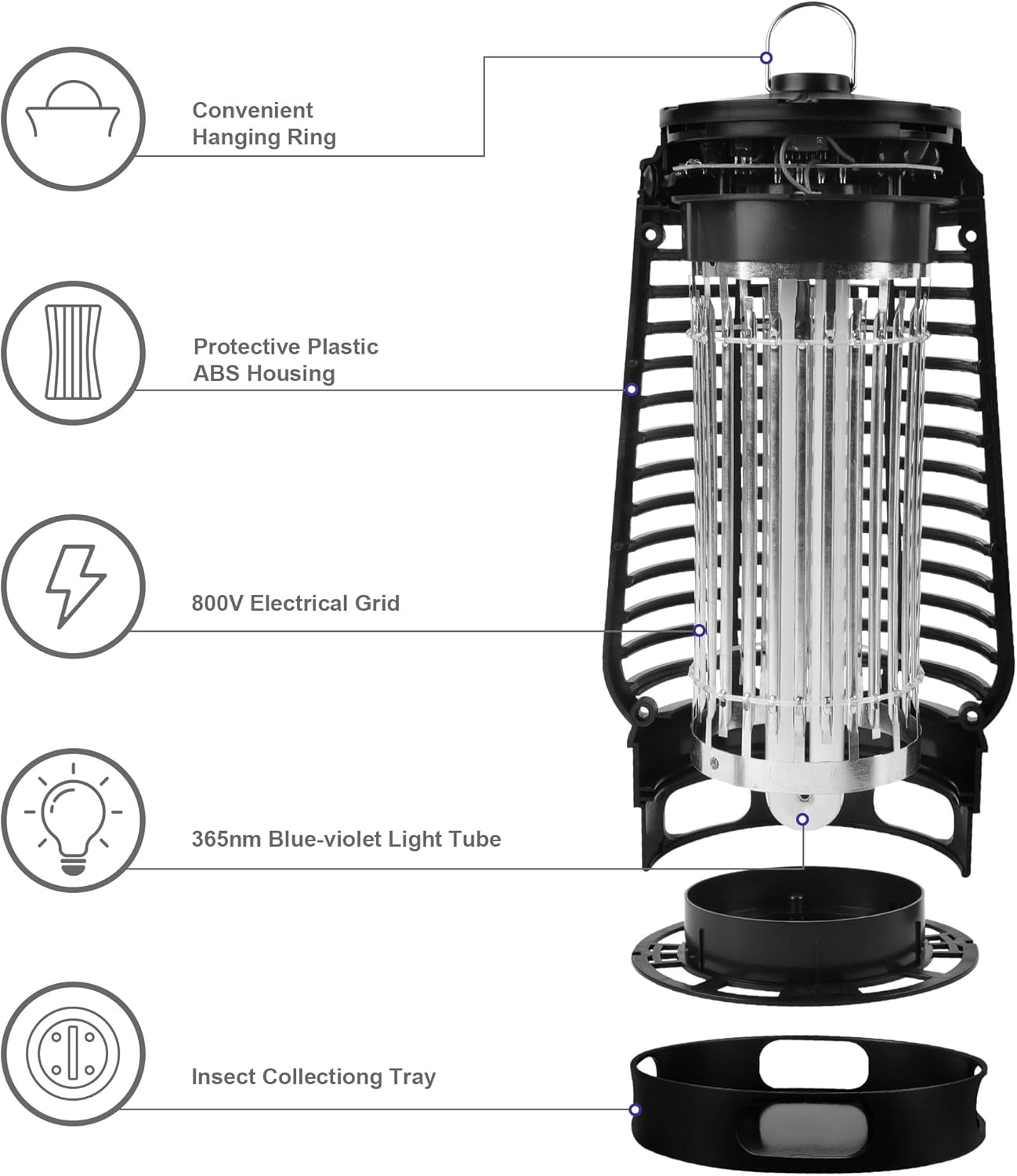 Electric Bug Zapper, 2500V Plug-in Mosquito Trap with Replaceable Sticky Pads & Lamp Tube, 365nm Lighted Hanging Insects Killer Attracting Moths, Gnats, Flies IPX4 for Indoor Outdoor Use