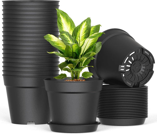 20 Pack 6 Inch Plant Pots with Drainage and Saucers, Black Plastic Flower Pots for Indoor and Outdoor Plants, Stackable Nursery Planters for Houseplants and Herbs, Black
