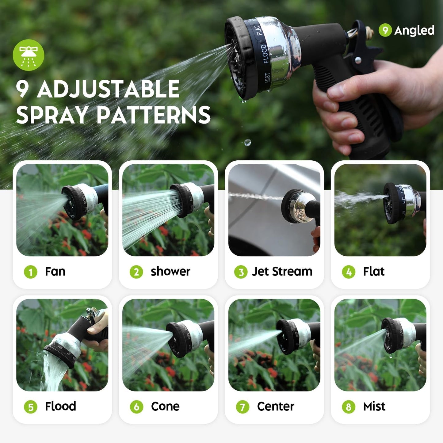 Garden Hose Nozzle Sprayer, Heavy Duty Metal Water Nozzle with 9 Adjustable Spray Patterns for Watering Lawn and Garden,car Washing, Pets.