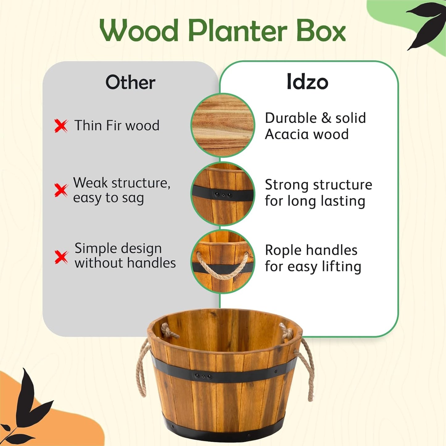 IDZO Set of 3 Wooden Flower Boxes Outdoor, Durable Acacia Wood Barrel Planters for Outdoor Plants with Ergonomic Handles, Drainage Holes, Multiple Sizes Wood Bucket Planter for Home Décor