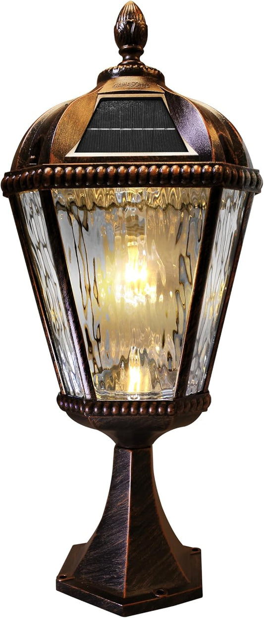 Gama Sonic Outdoor Solar Post Light with Pier Base, Brushed Bronze Finish Aluminum and Rain Glass, Royal Bulb 150 Lumens Warm White LED, Mount on Column or Flat Surface 98B111 Upgraded Panel