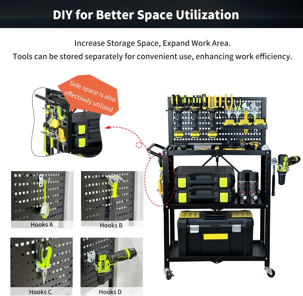 Lumizone Rolling Tool Cart with Wheels and Pegboard Hooks Folding Utility Service Cart for Garage Organizer Storage Foldable Power Tool Organization on Wheels Heavy Duty Frame (Tool Cart+Hooks)