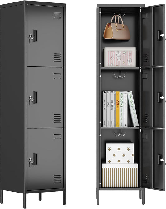 Metal Locker with Hooks and Ventilation Holes,Metal Storage Locker with Keys and Business Card Slot for Home,Gym,Garage,School,Office,66" H×15.75" W× 15.75" D,Assembly Required,Black