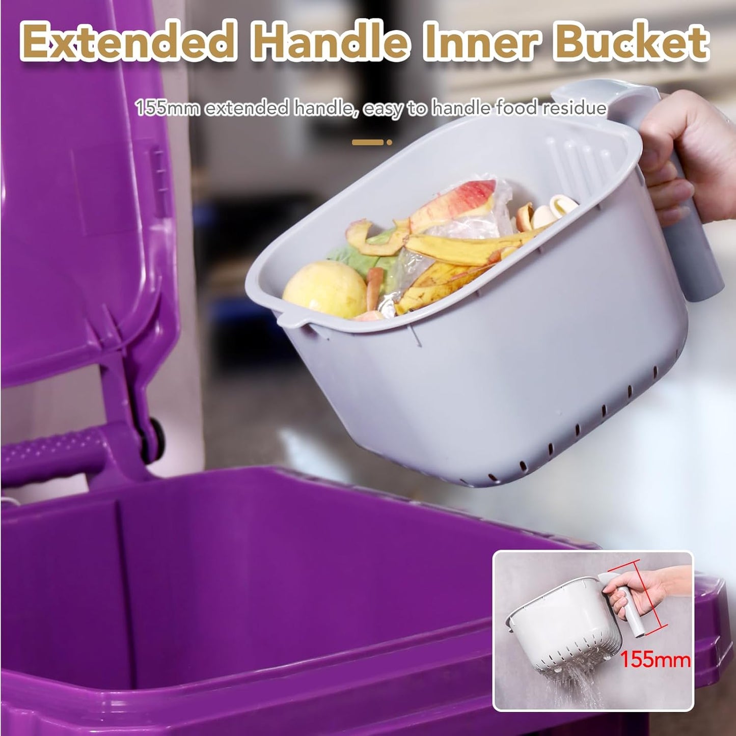 DrDirt Kitchen Compost Bin, 7L(1.85 Gal) Kitchen Compost Bin Countertop with Sealed Silicone Ring Lid, Odor-Control, Liquid Separation, Easy to Clean, for Cooking Family and Home Party, Gray