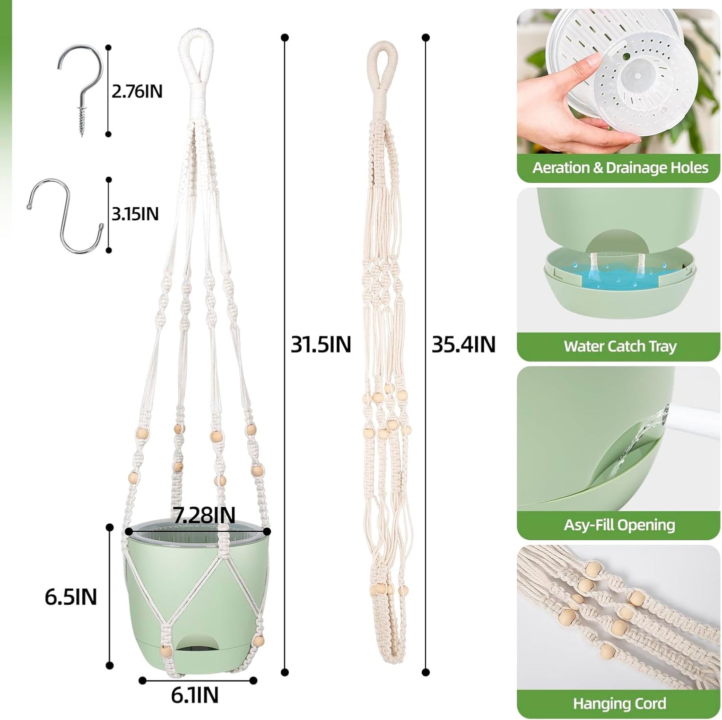 2-Pack 7..1-Inch Self-Watering Hanging Planters for Indoor & Outdoor Plants,34Inch Macrame Hanger Plant Pots Indoor with Drainage,Small Hanging Planters & Baskets,With Two Sets of Hooks（Pure green）