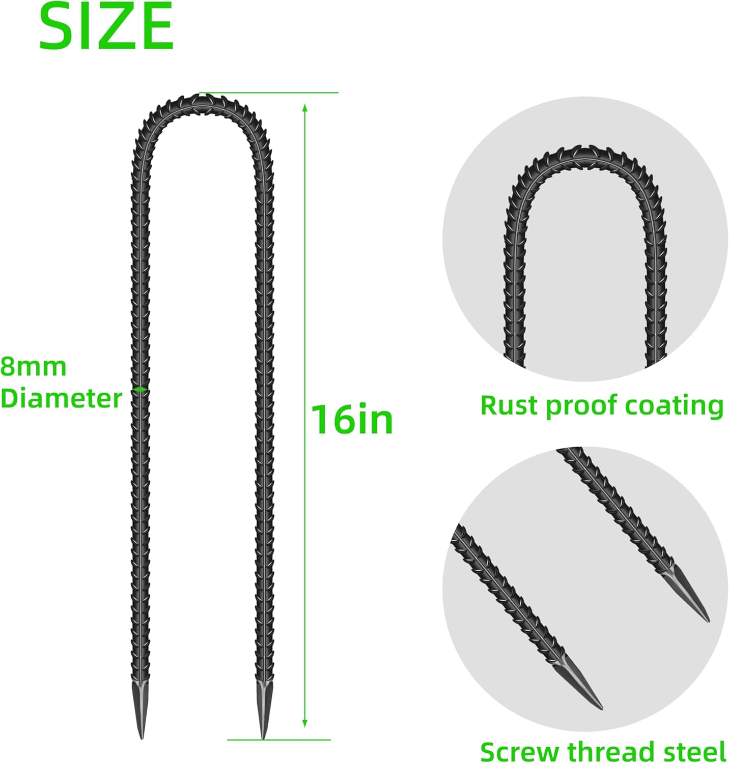 10 Pieces 16-Inch Garden Ground Stakes Galvanized Steel U Shape Hook Rebar Stake - Heavy Duty Ground Anchors for Tents, Position Kits,Fences, and Trampolines