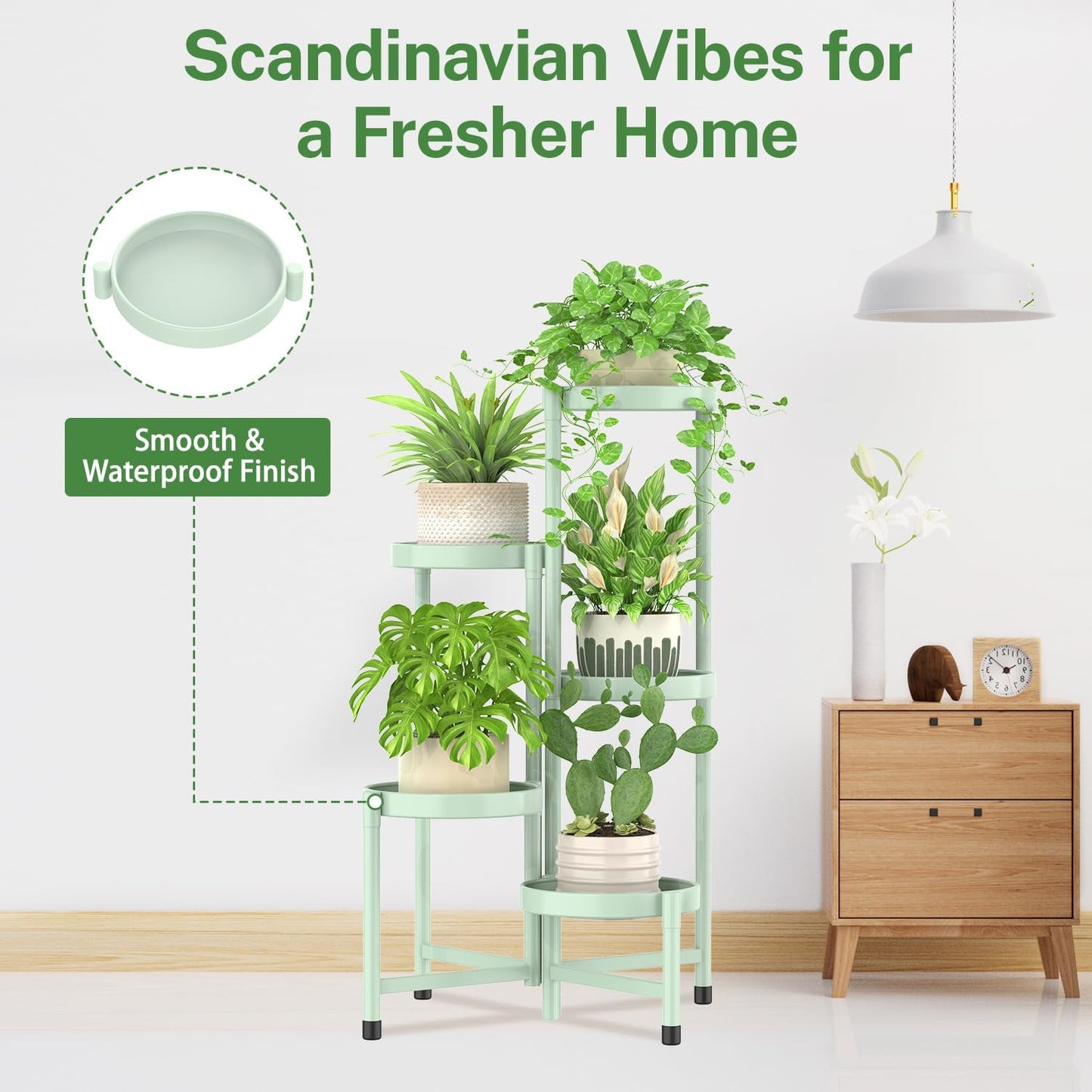 iDavosic.ly Plant Stand Indoor Outdoor, 5 Tier Corner Metal Flower Display Holder Shelf, Folding Tall Orchid Rack for Patio Balcony Porch Garden Living Room House, Light Green