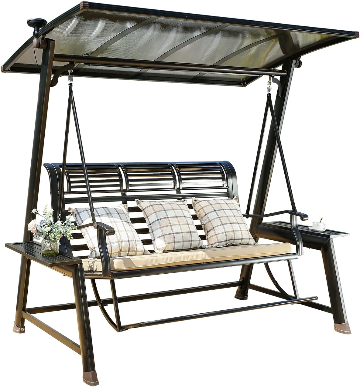 2/3-Seat Outdoor Patio Porch Swing with Adjustable Aluminum Alloy Canopy Solar Patio Swing Chair Bench with Footrest Side Cup Holder for Backyard Lawn (Heart of Ocean-3 Seat)