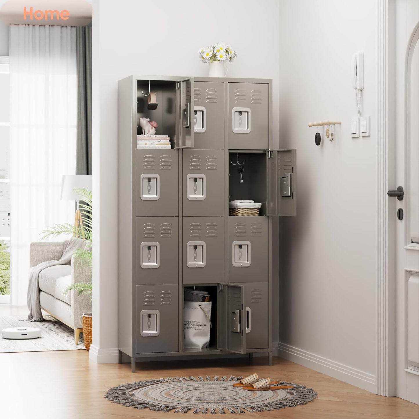 12 Doors Metal Lockers for Employees with Lock, Metal Locker with 12 Hooks for School Garage Office Gym Home,Assembly Required,Light Grey