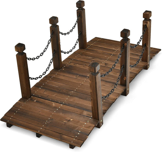 Giantex 5 FT Wooden Garden Bridge, Stained Wood Arc Footbridge with Chain Railings for Backyard Creek Farm, Decorative Pond Bridge, Easy to Assemble, 400 lbs Capacity (Brown)