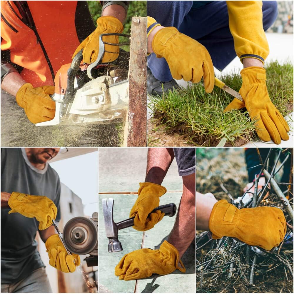 OZERO Leather Work Gloves Flex Grip Tough Cowhide Gardening Glove for Men and Women (Gold With Mesh Lining (1 Pair), X-Large)
