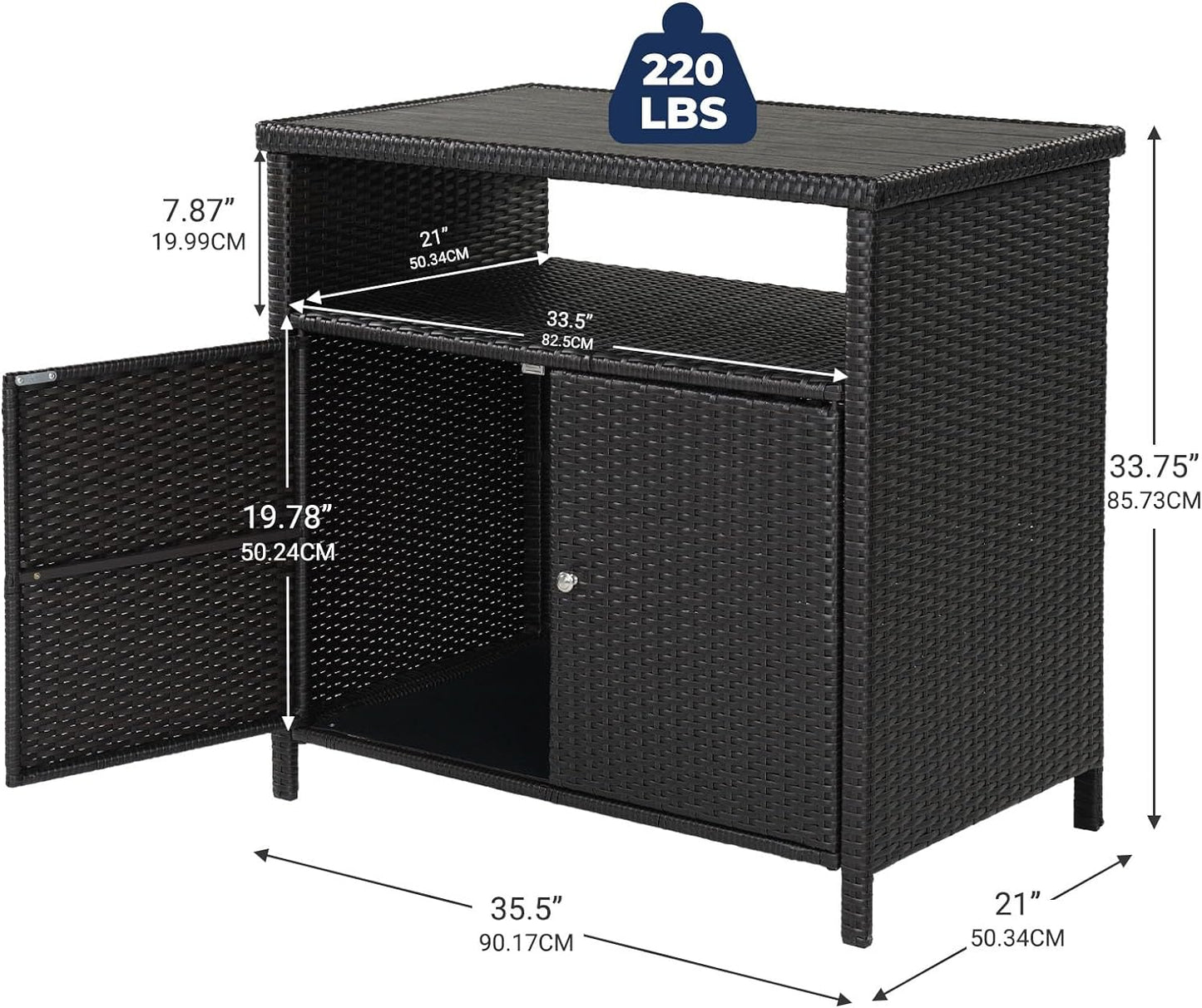 Grand patio Wicker Storage Cabinet Outdoor Waterproof Buffet Cabinet Patio Bar Table with Two Doors and Shelves Wicker Sideboard for Garden Kitchen Pool Dark Brown