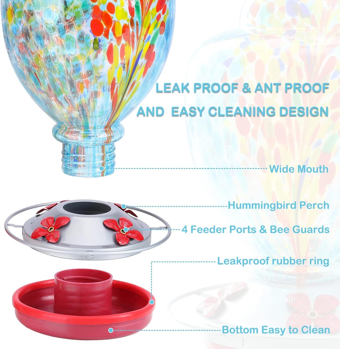 Yinns Glass Hummingbird Feeder for Outdoor Hanging Ant and Bee Proof, Hand Blown Glass Feeder with Ant Moat, Backyard Decoration, Garden Gifts for Women