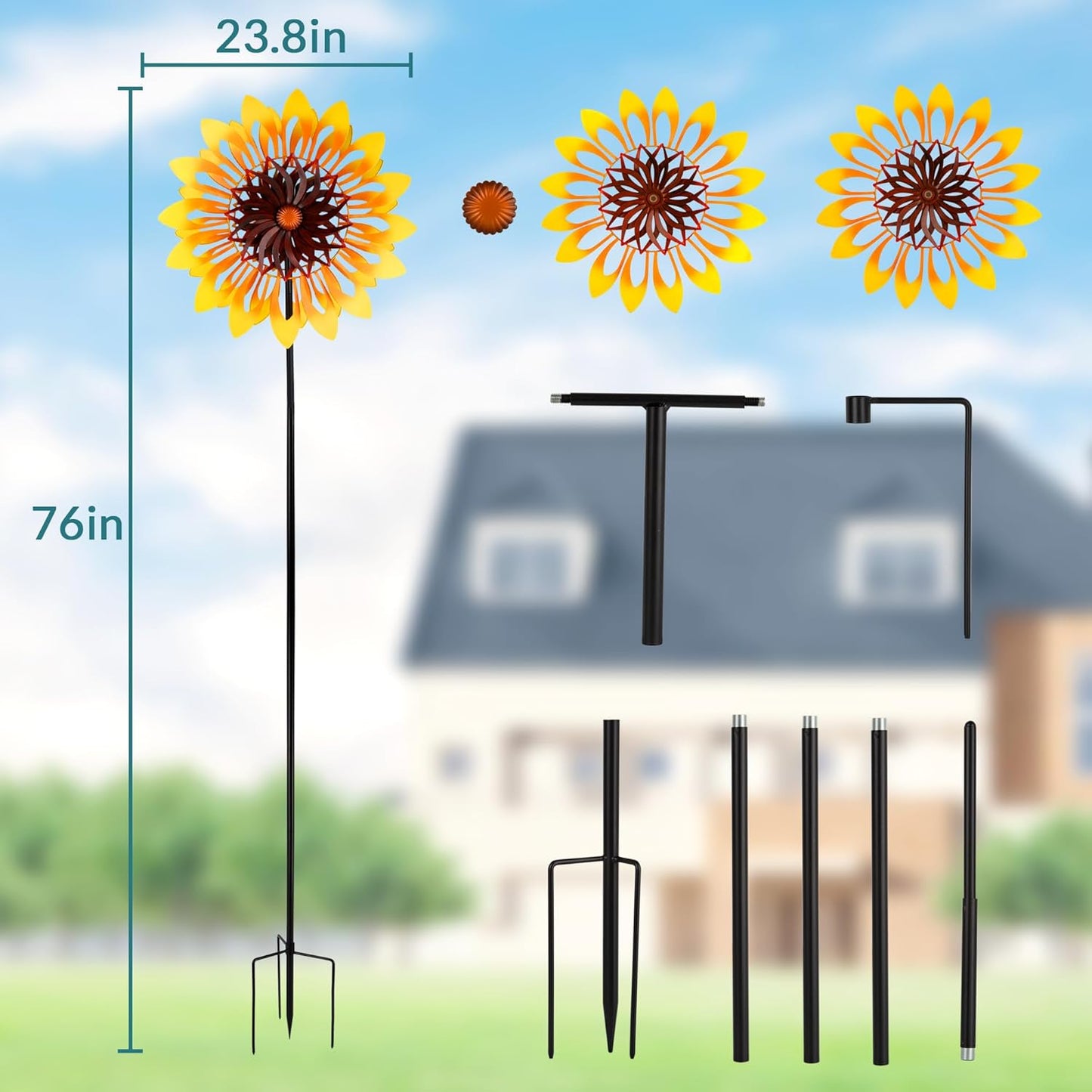 Sunflower Wind Spinners, 360 Degrees Swivel Metal Wind Sculptures, 76" Large Garden Pinwheels for Yard Lawn Patio Decor