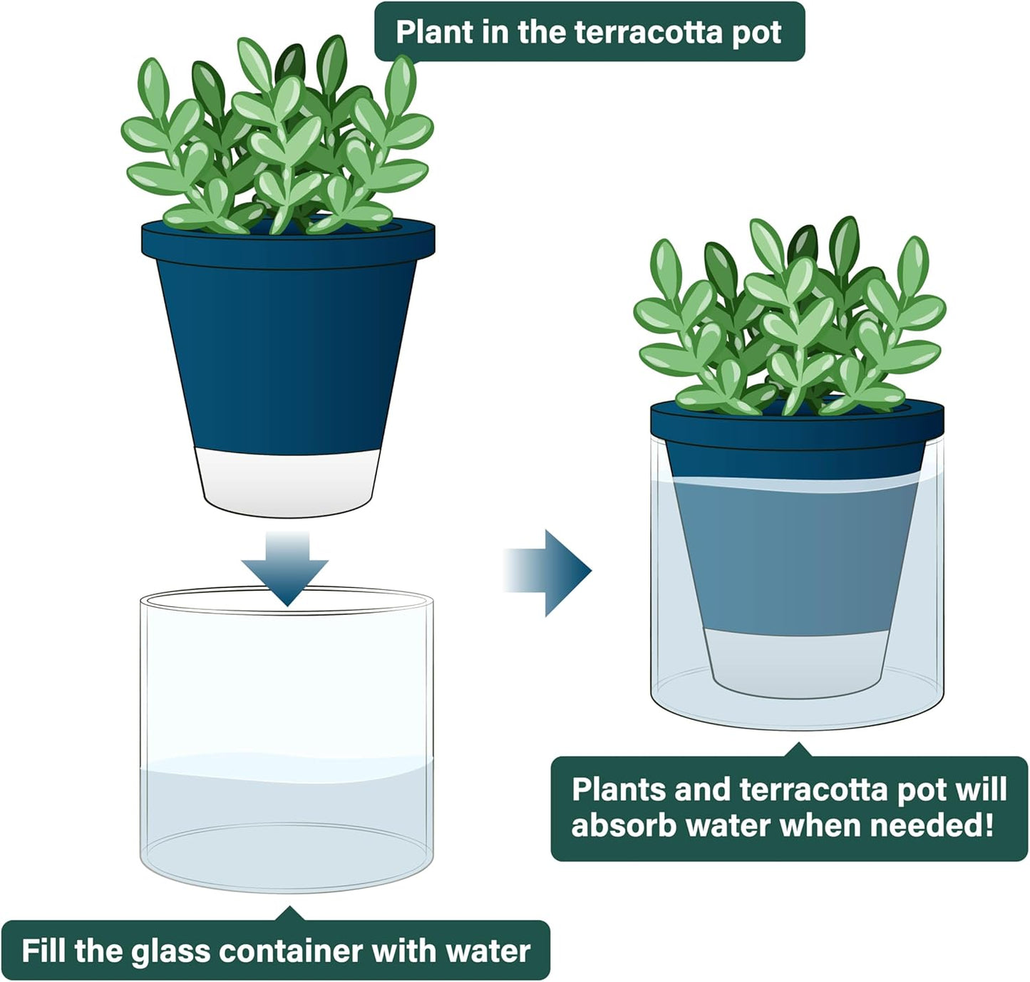 D'vine Dev 4 Inch Design Self Watering Planter for Indoor Plants, Blue Terracotta Pot with Cylinder Glass Cup, Set of 4, 37-Z-A-4-F