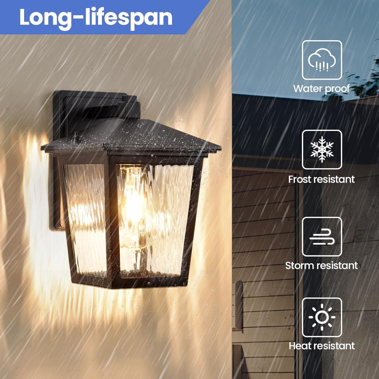 Outdoor Wall Light, Exterior Waterproof Wall Sconce in Black, Anti-Rust Outdoor Light Fixture with Water Glass, Modern Outdoor Wall Lantern for House Balcony Entryway Garage