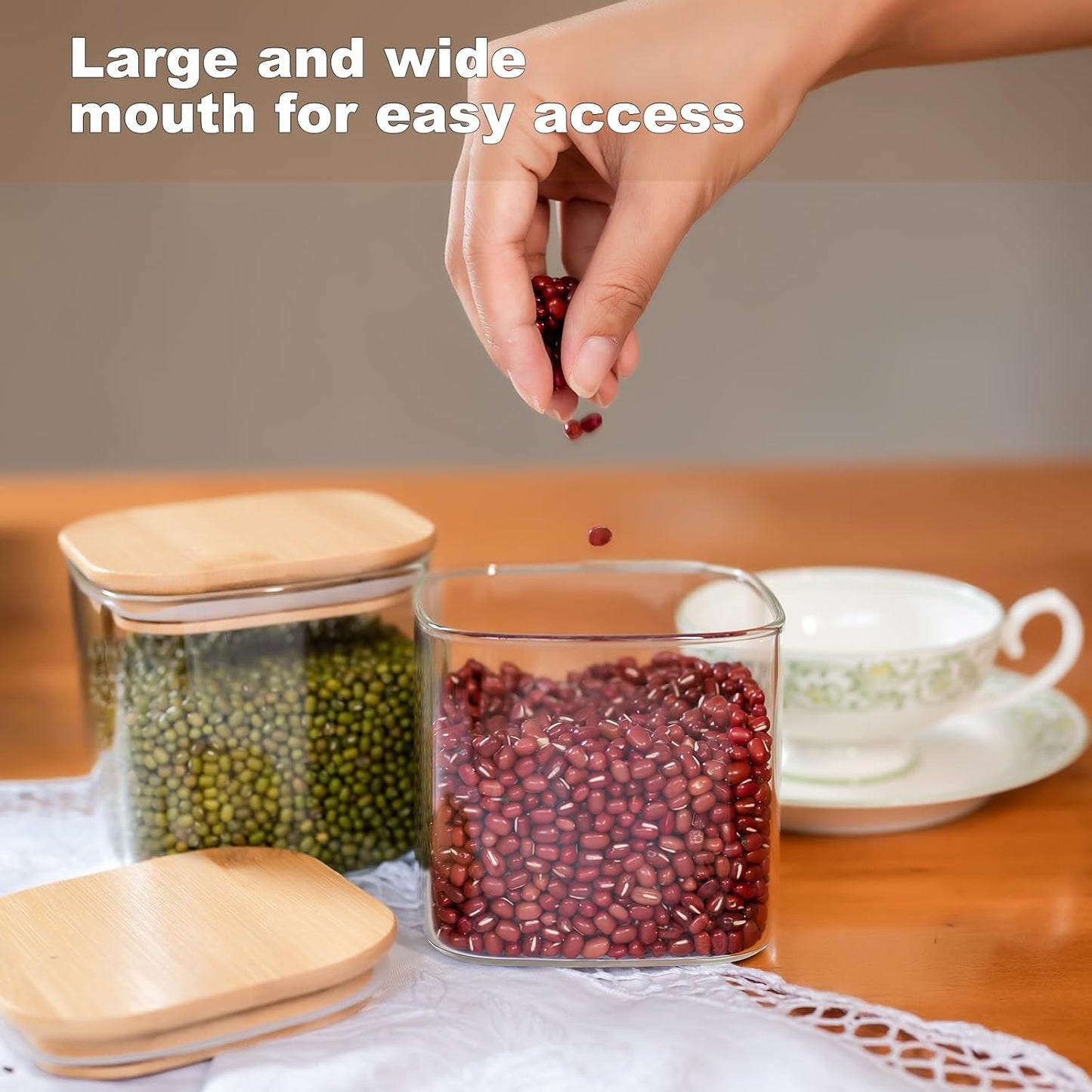 Glass Food Storage Jars 27oz Set of 6,Glass Storage Containers Clear Glass Food Canister with Bamboo Lid Airtight For Serving Tea, Coffee, Flour, Sugar, Candy, Cookie, Spice and More (Square)