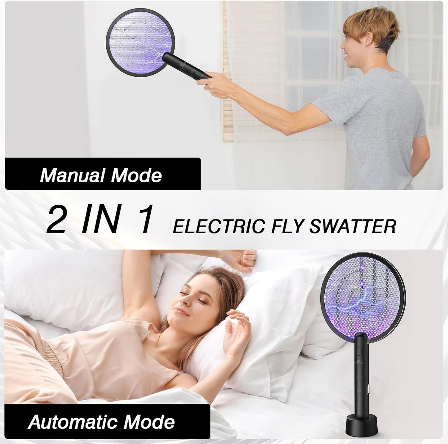 Bug Zapper Racket, 2 in 1 Fly Swatter USB Rechargeable, 4000V Electric Fly Zapper with 3 Layer Safety Mesh，Electric Racket for Kitchen, Home, Garden and Outdoors(2 Pack