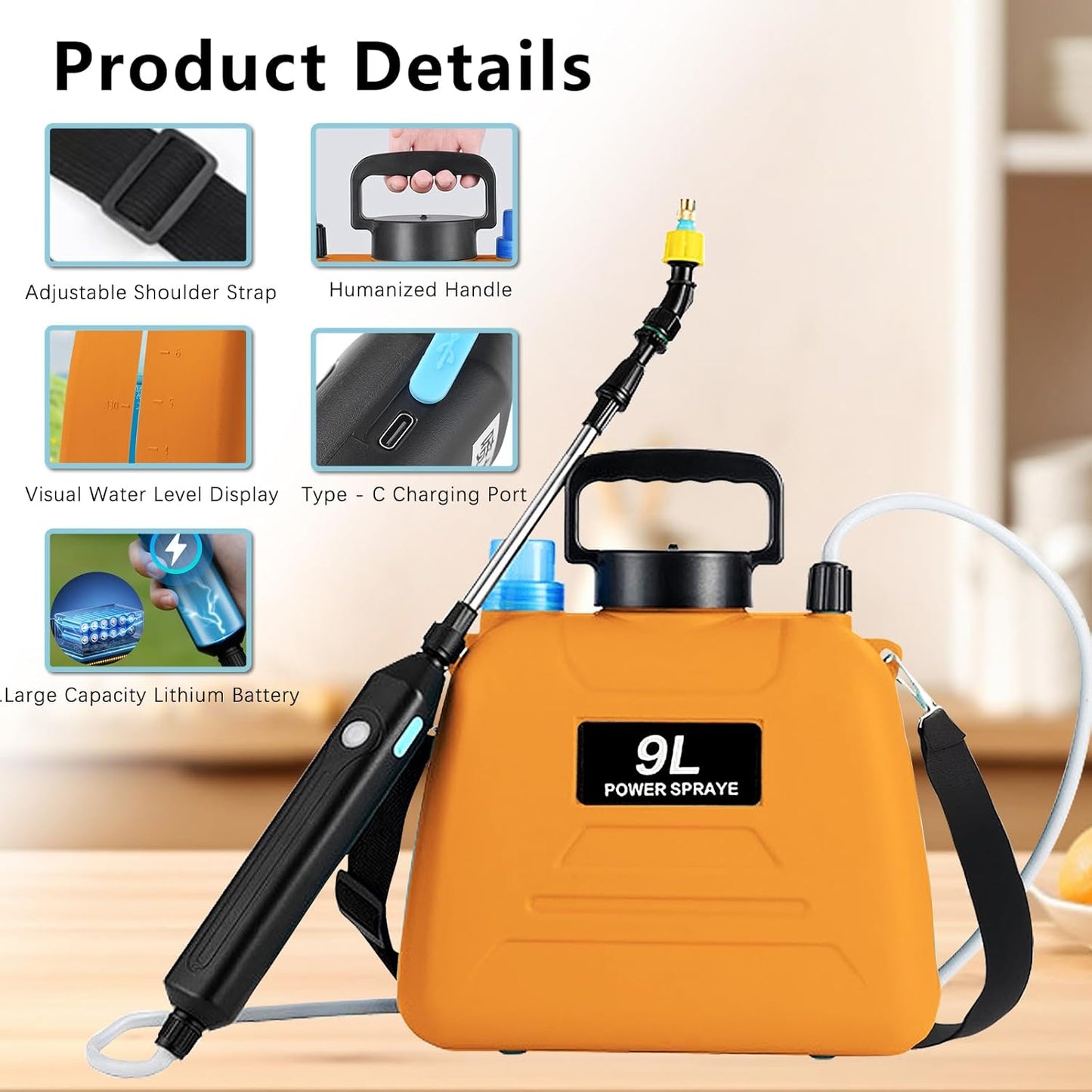 2.4 Gallon Battery Powered Sprayer, Electric Battery Operated Sprayer, Weed Power Sprayers in Lawn and Garden with Adjustable Shoulder Strap and Rechargeable Handle, 3 Mist Nozzles (Orange)