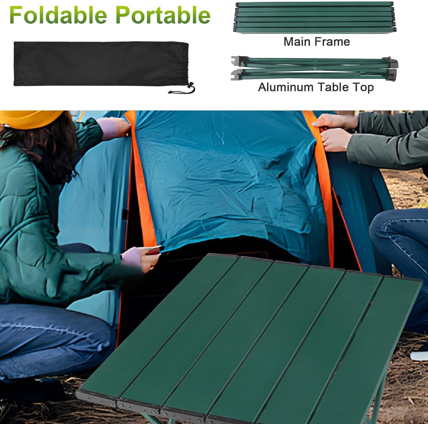 Tesouro Portable Camping Table,Folding Side Table Aluminum Top for Outdoor Cooking, Hiking, Travel, Picnic (Blackish Green-Small)