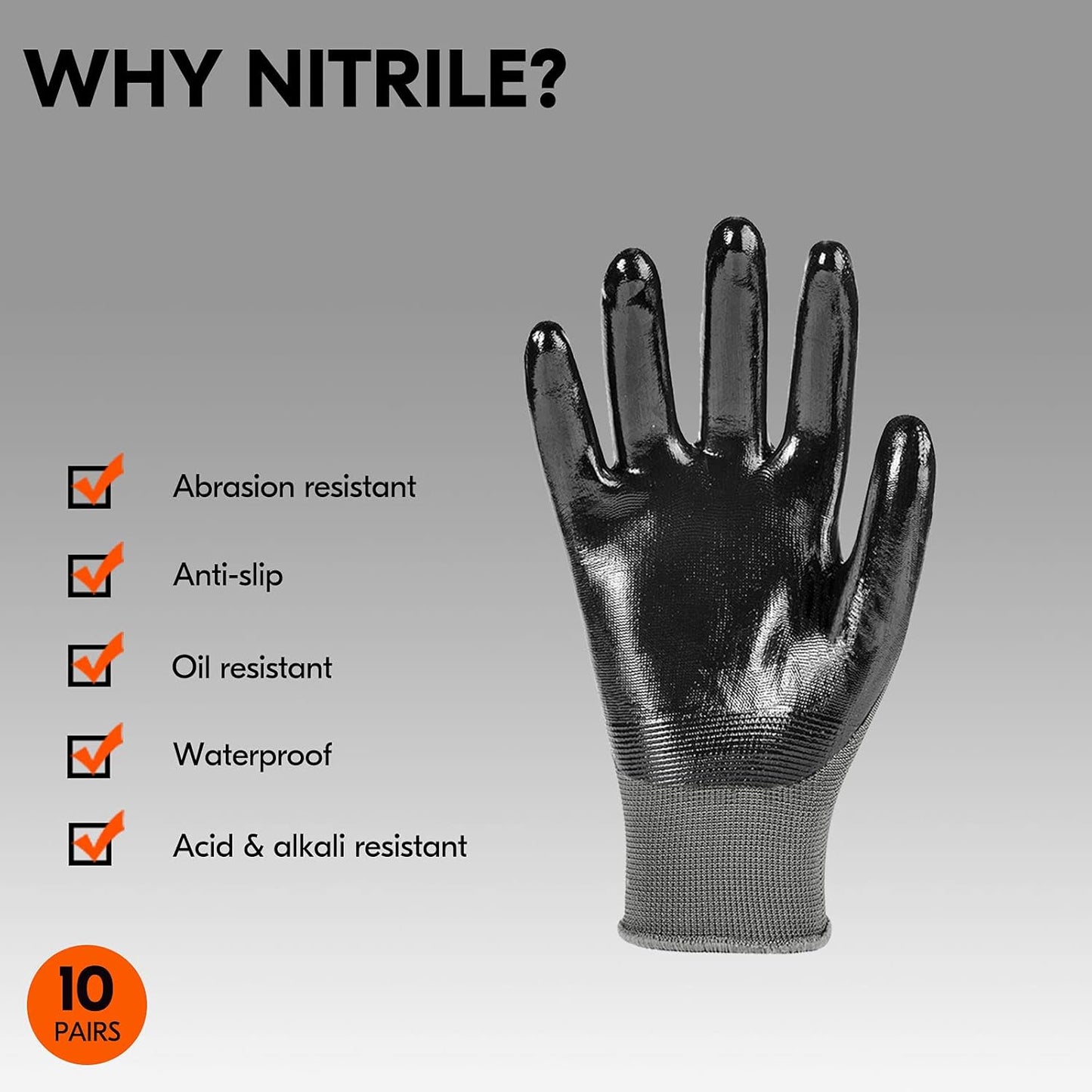 Vgo... 10-Pairs Safety Work Gloves, Gardening Gloves, Non-slip Nitrile coating, Dipping Gloves (Size L, Gray, NT2110)