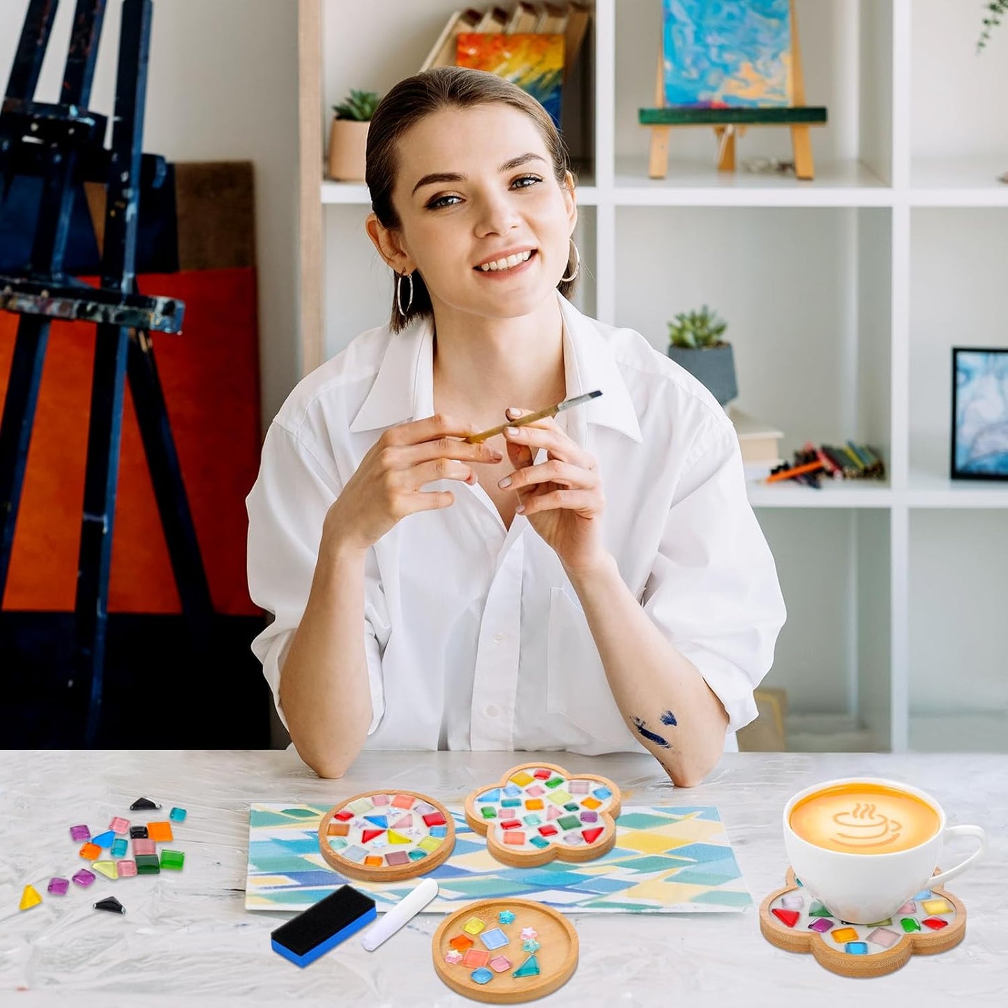 12 Sets DIY Glass Mosaic Tiles for Crafts Mixed Color Mosaic Kits with Wooden Coaster for Adults Handmade Coasters Making Set for Coaster Handmade Home Decoration Gifts