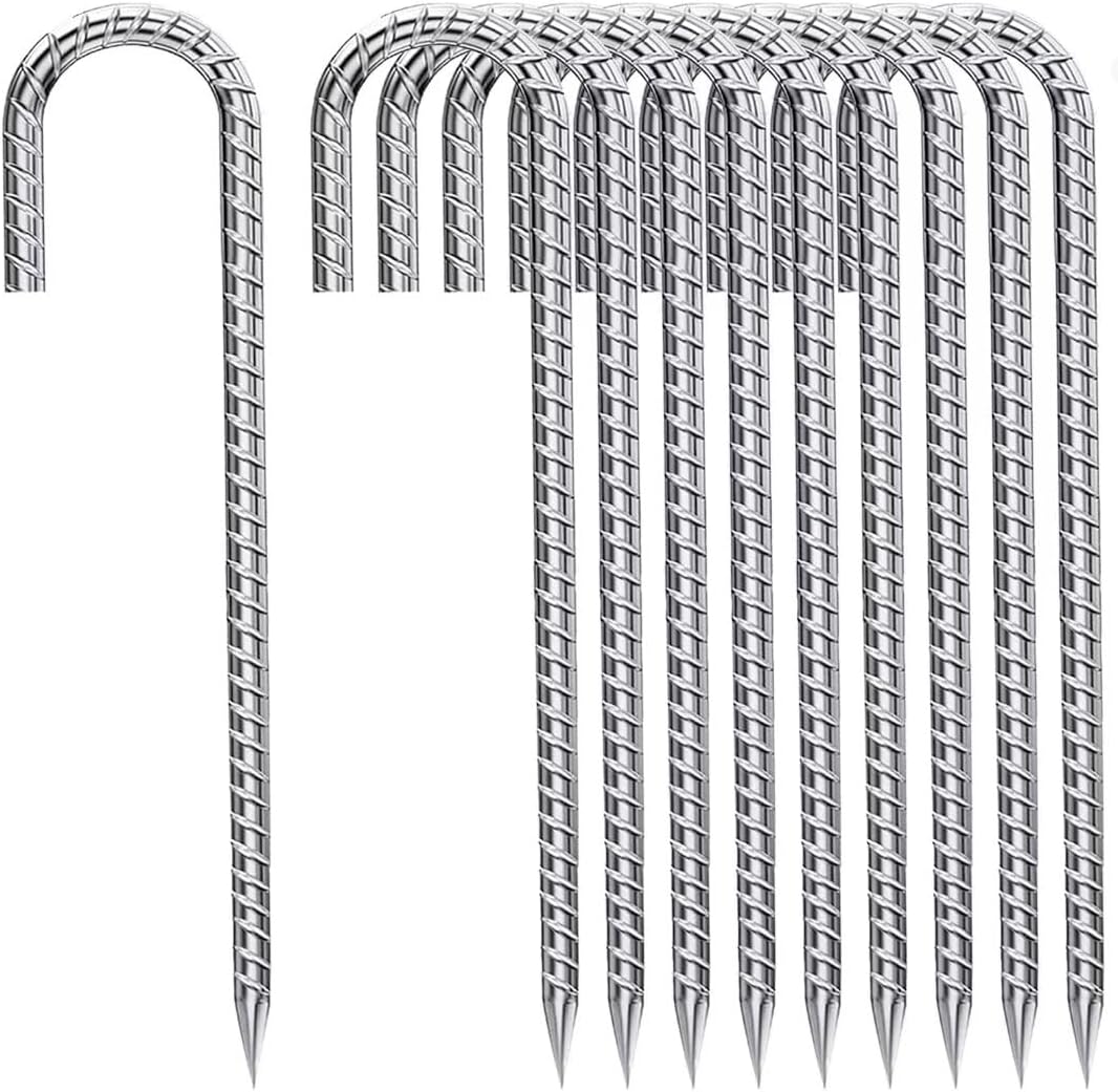 Ground-Stakes-Heavy-Duty-12-Inch, J Hook Rebar Stakes Galvanized Anti-Rust 10pcs Metal Stakes for Ground Heavy Duty Ground Anchors for Garden Dog Fence Chicken Coop Deer Fence