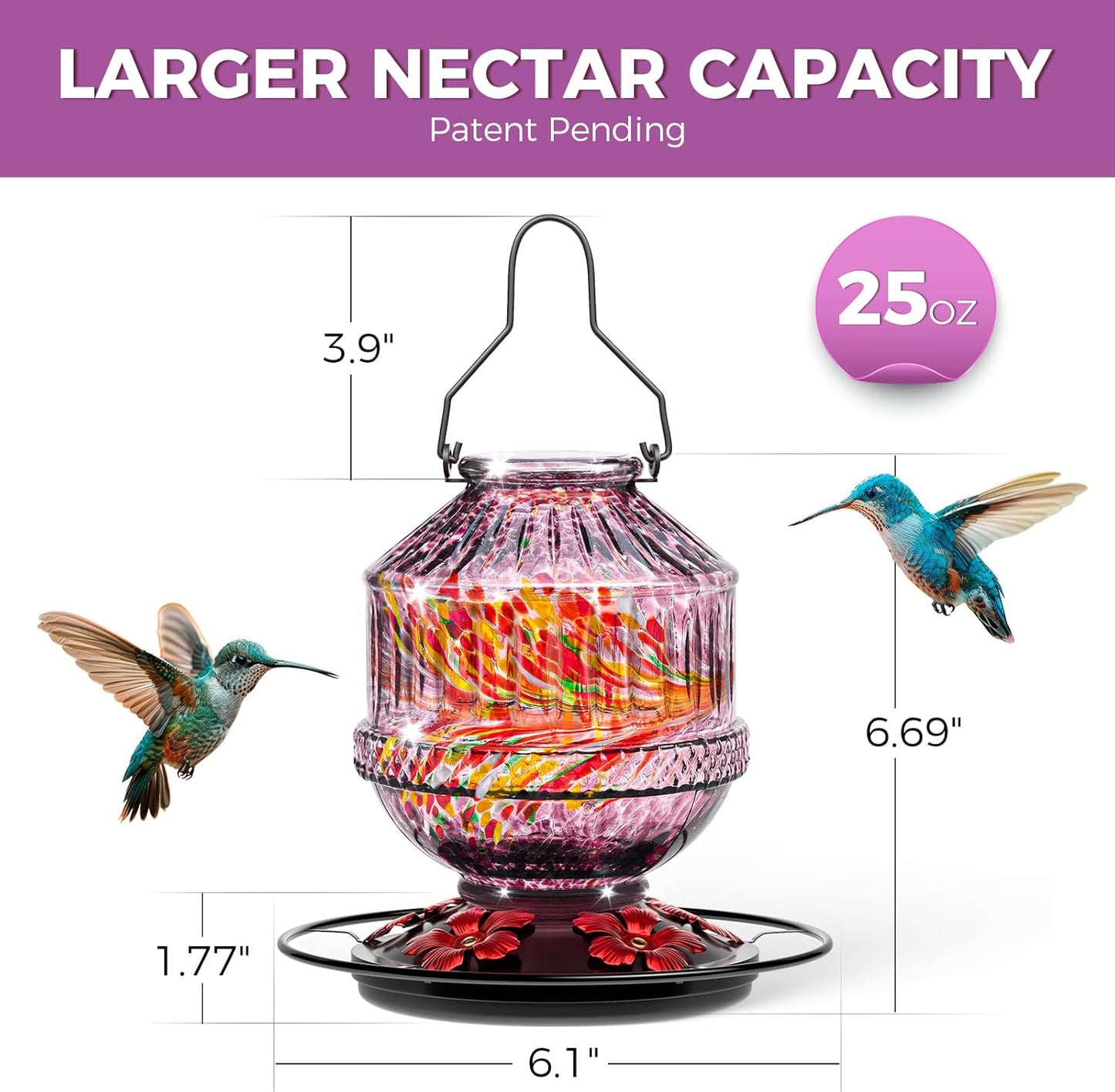 Hand Blown Glass Hummingbird Feeders for Outdoors, 25 Ounces Wild Bird Nectar Feeder with Perch & 5 Flower Feeding Ports Leak Proof Hanging for Garden Backyard Decor, Gifts for Women Mom, Purple
